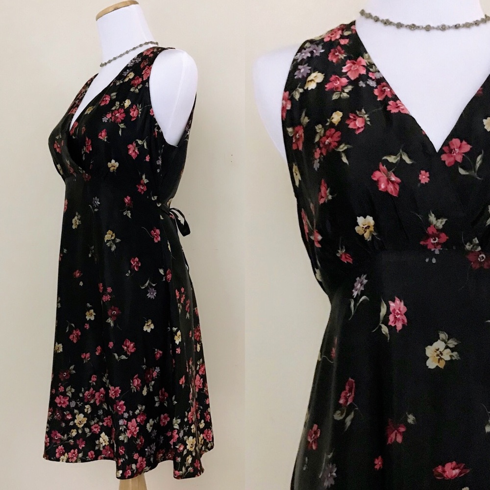 Vintage 80s Black Floral Print Satin Mini Dress S